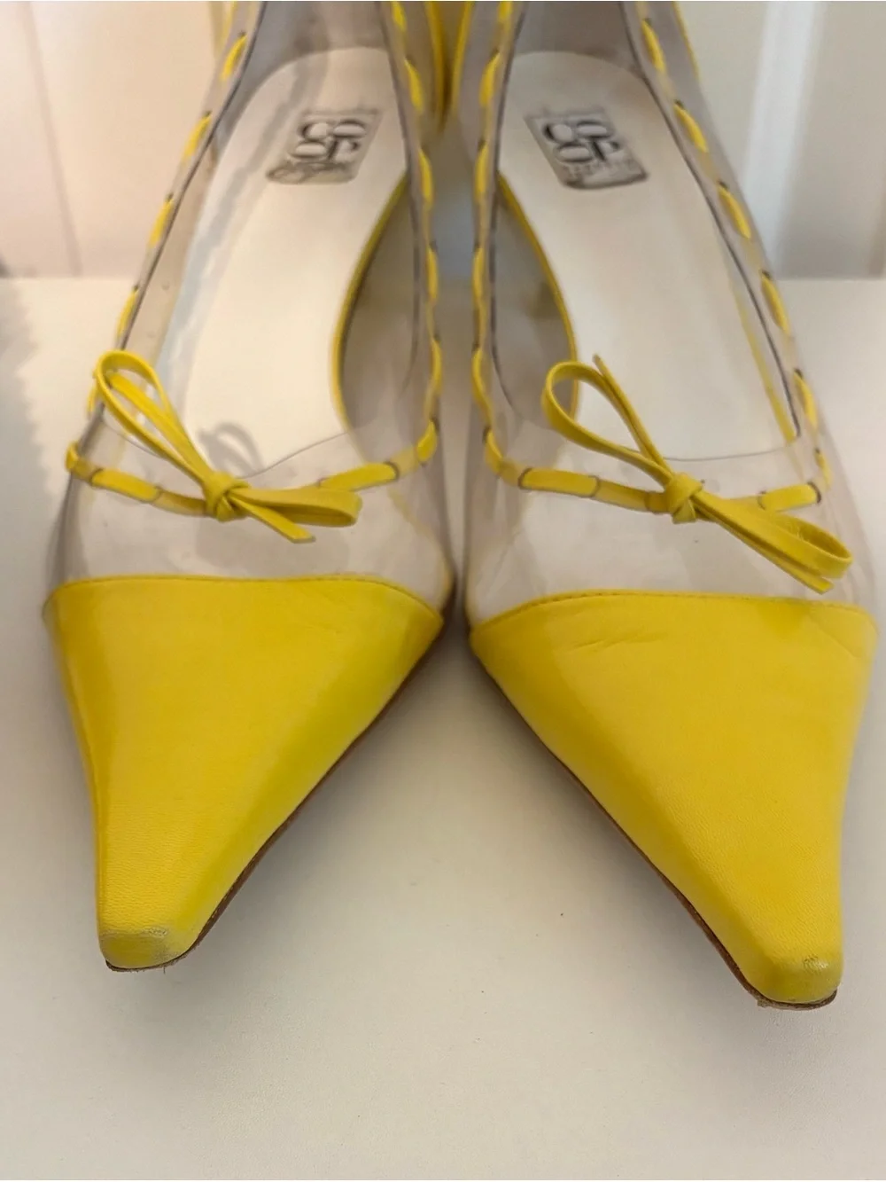 Vintage BARNEYS NEW YORK CO-OP, Yellow Leather and Clear PVC Pointy Kitten Heels